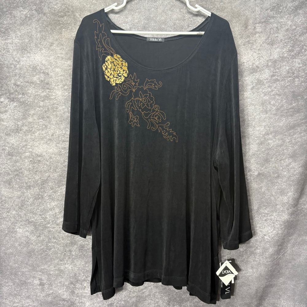 Vikki Vi Black Slinky Knit Gold Floral Embroidered 3/4 Sleeve Top Womens Size 3X